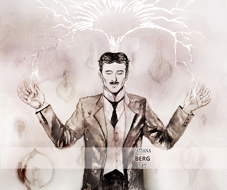 Nikola Tesla Art. Light Bulbs. Mental powers. Buy Print Painting