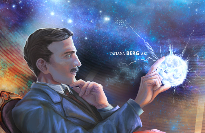 Nikola Tesla Art. Portrait. Buy Print Painting. Galaxy. Fireballs, books.