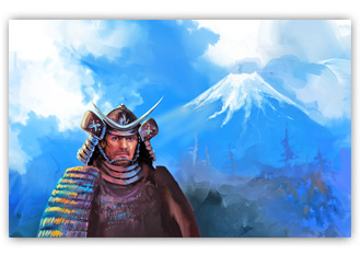 Samurai Against Blue Fuji Mountain  Art Painting