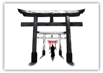 Torii gate Samurai Black Ink Painting On White Background Art