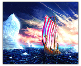 Vikings on Drakkar among Icebergs Sea Art Painting