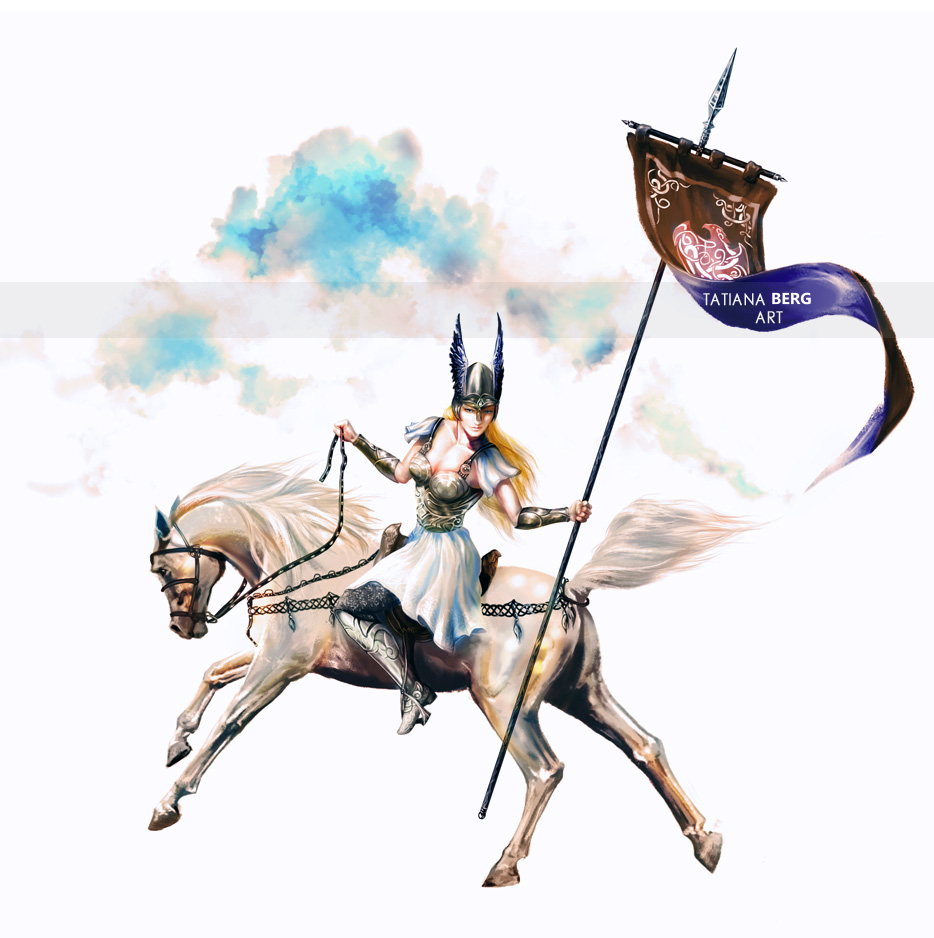 valkyrie horse  hold a banner with bird painting Art