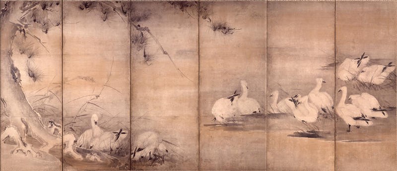 Reeds and Wild Geese, right side Miyamoto MUSASHI sumi-e
