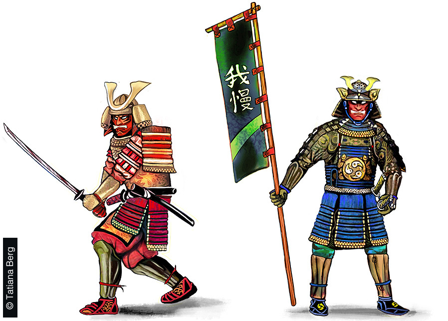 samurai oyoroi warriors japaese style flat color tattoo design art sketch