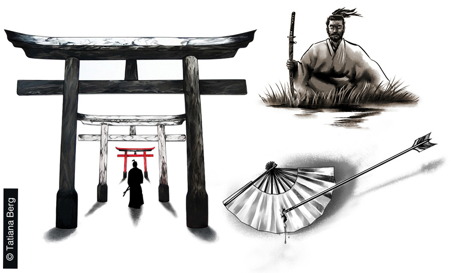 torii japanese fan ronin samurai lineart tattoo design art sketch
